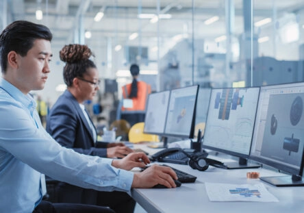Factory Office Room: Industrial Engineers Developing Models of a Heavy Industry Machine Parts on a Computer 3D Software. Modern Technological Industry 4.0 Research and Development Center.