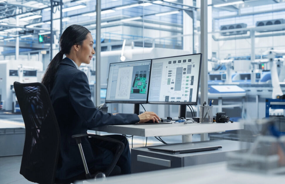 Asian Industrial Engineer Doing Creative Work on Computer in Office. Intelligent Female Creating an Innovative Motherboard with Powerful Microchips for Artificial Intelligence Systems