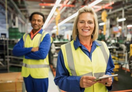 Quality Inspector holding a tablet in an automotive production line