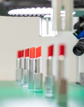 Our in-line automated optical inspection solution, inspecting a line of lipsticks.