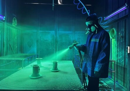 A TRIGO quality technician executing a penetrant testing operation at the CONTROREUPE facility