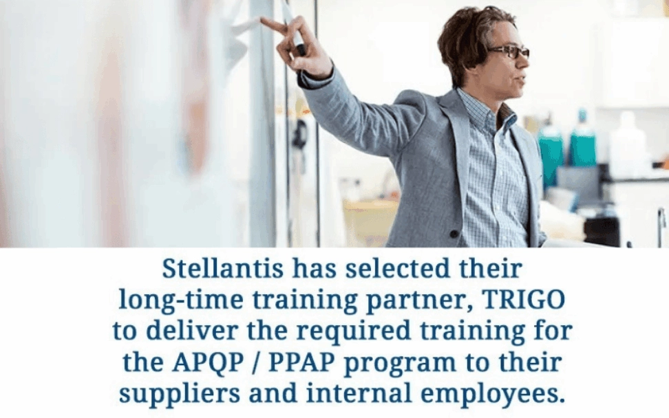 TRIGO selected by Stellantis as a training partner. Graphic design showing a trainer to illustrate the partnership.