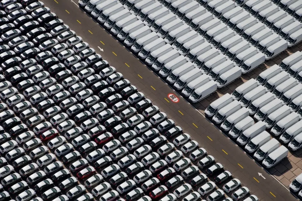 Vehicles on a factory parking lot